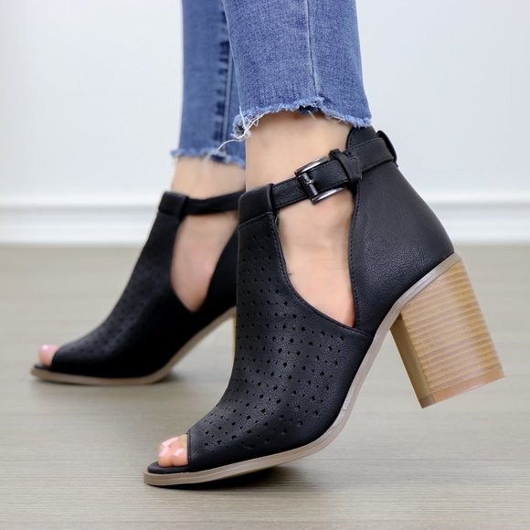 Peep Toe Black Faux Leather Heeled Ankle Boots - Picture 3 of 8